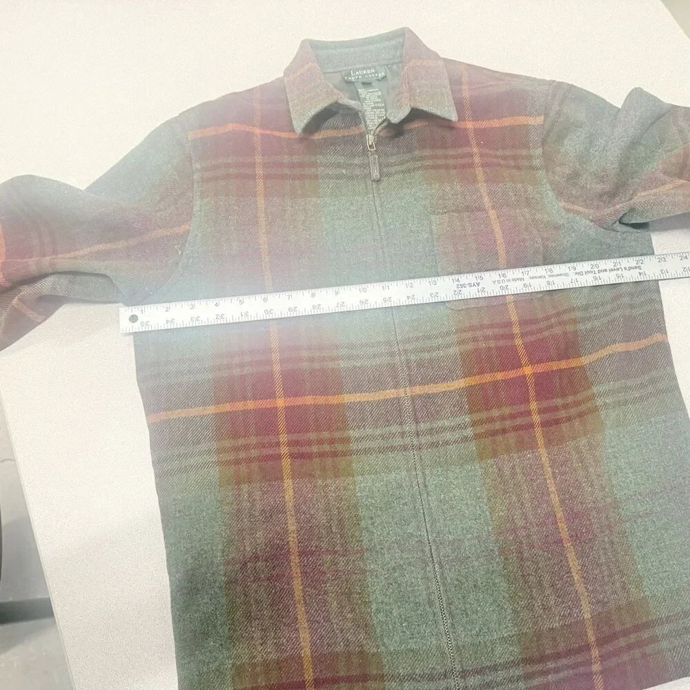 Ralph Lauren Tartan Plaid Lambswool Full Zip Shacket Suede Elbow Patch Men’s L